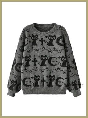 Goth Cartoon Cat Moon Print Knit Pullover Sweater Long Sleeve